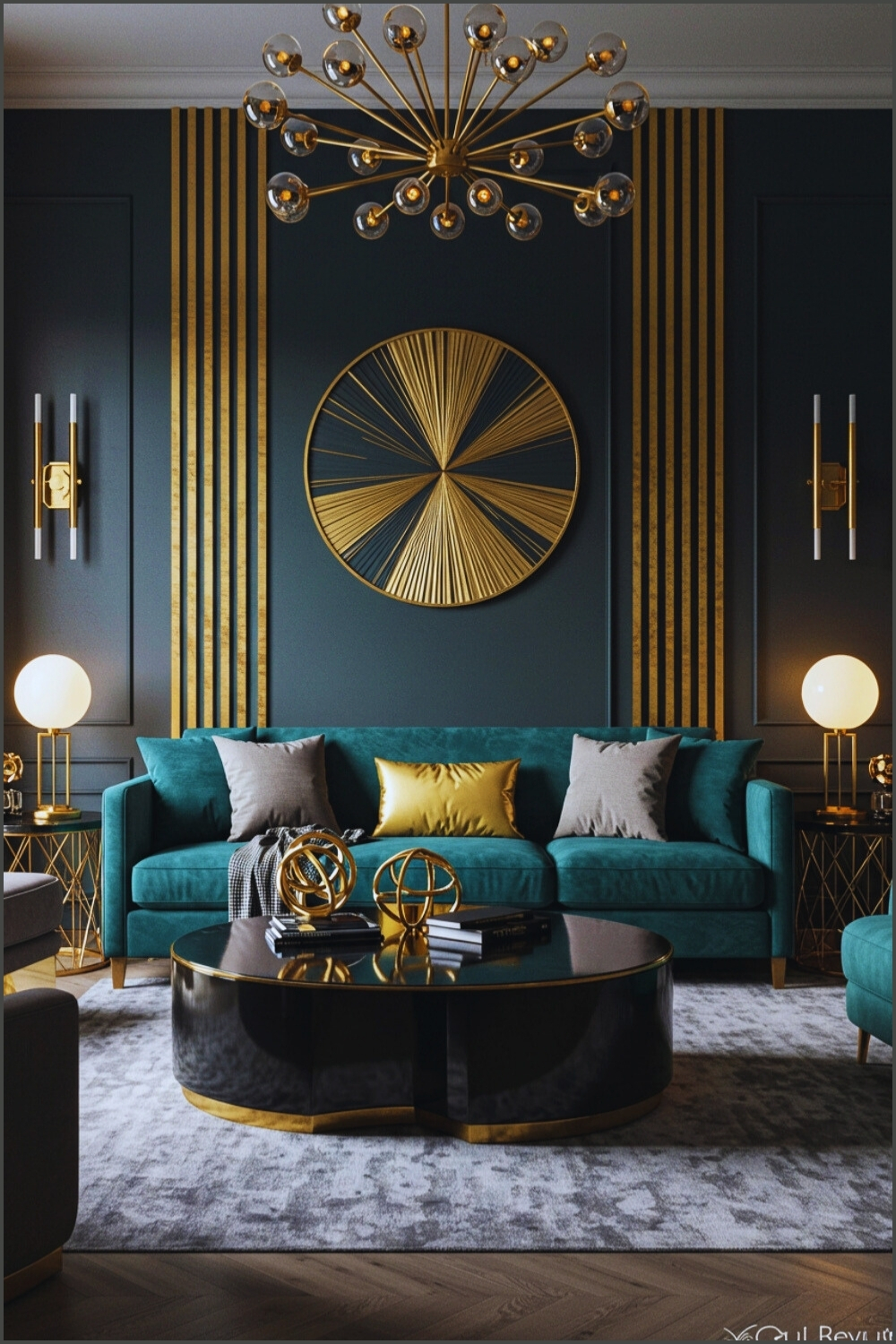 Luxurious Living Room With Teal Velvet Sofa Gold Pillows