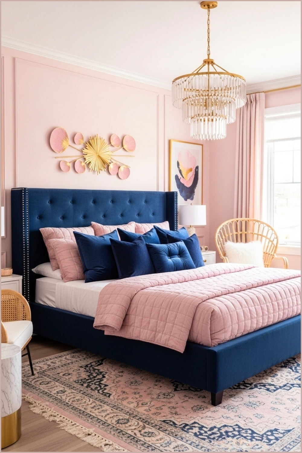 Luxurious Modern Bedroom, Blush Pink Walls, Navy Blue Upholstered Bed