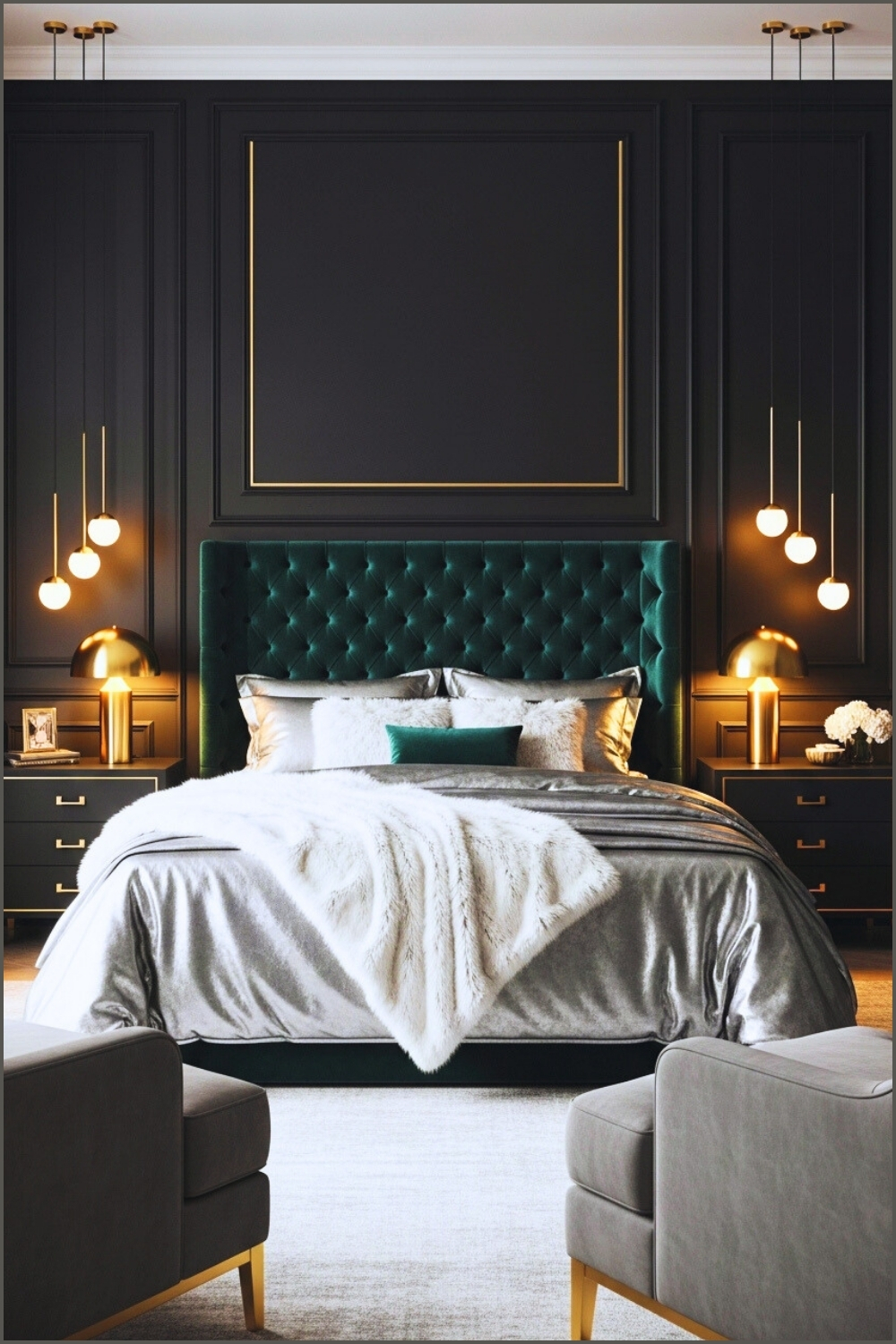 Luxurious Modern Bedroom With Black Paneled Wall And Gold Accents