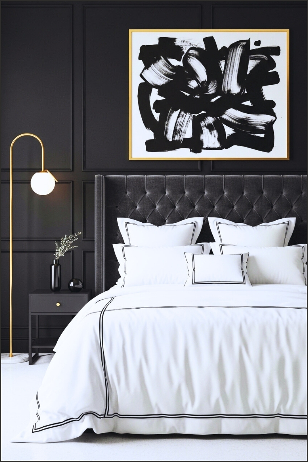 Luxurious Modern Bedroom With Black Paneled Wall Tufted Velvet Headboard