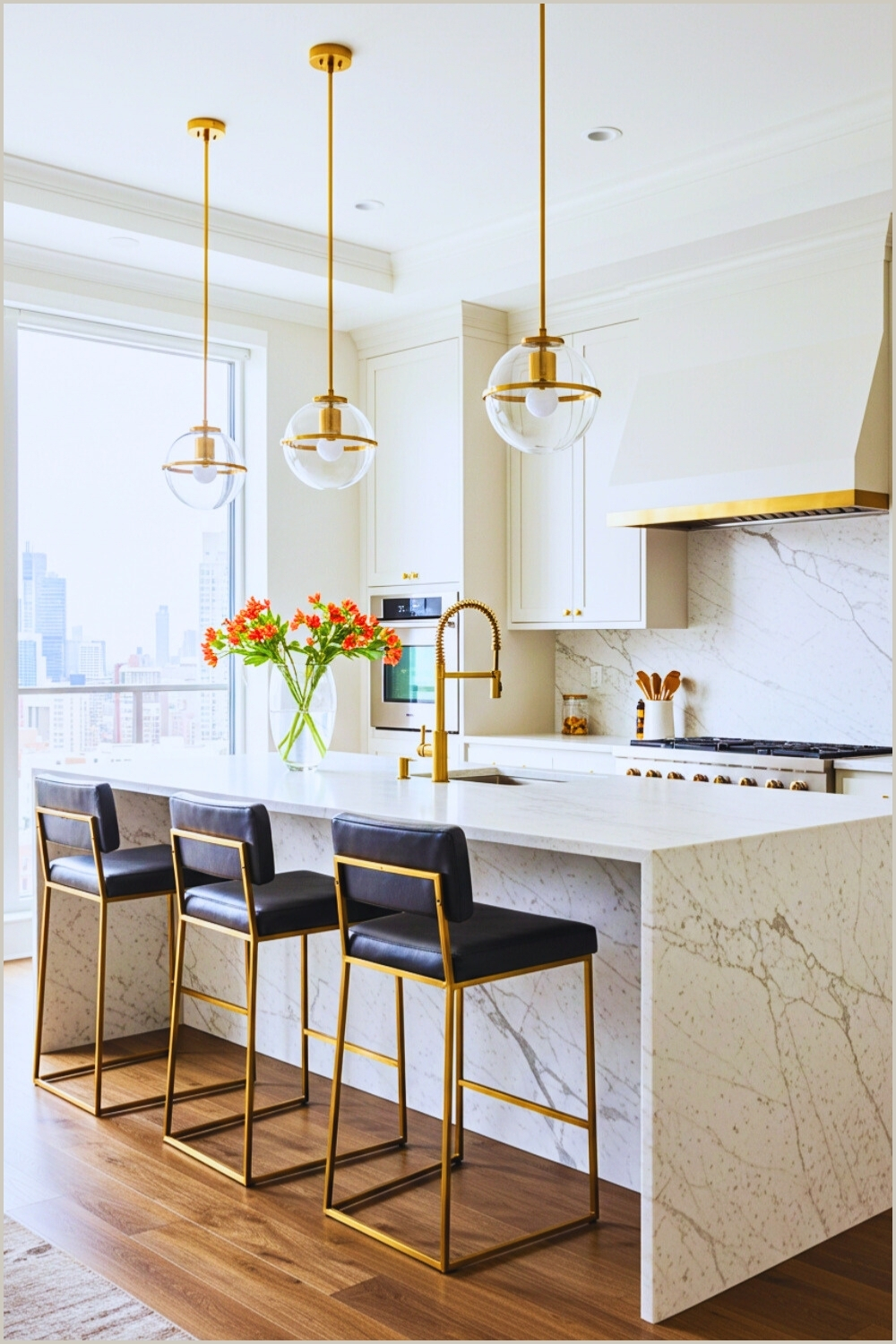 Luxurious Modern Kitchen White Marble Island Gold