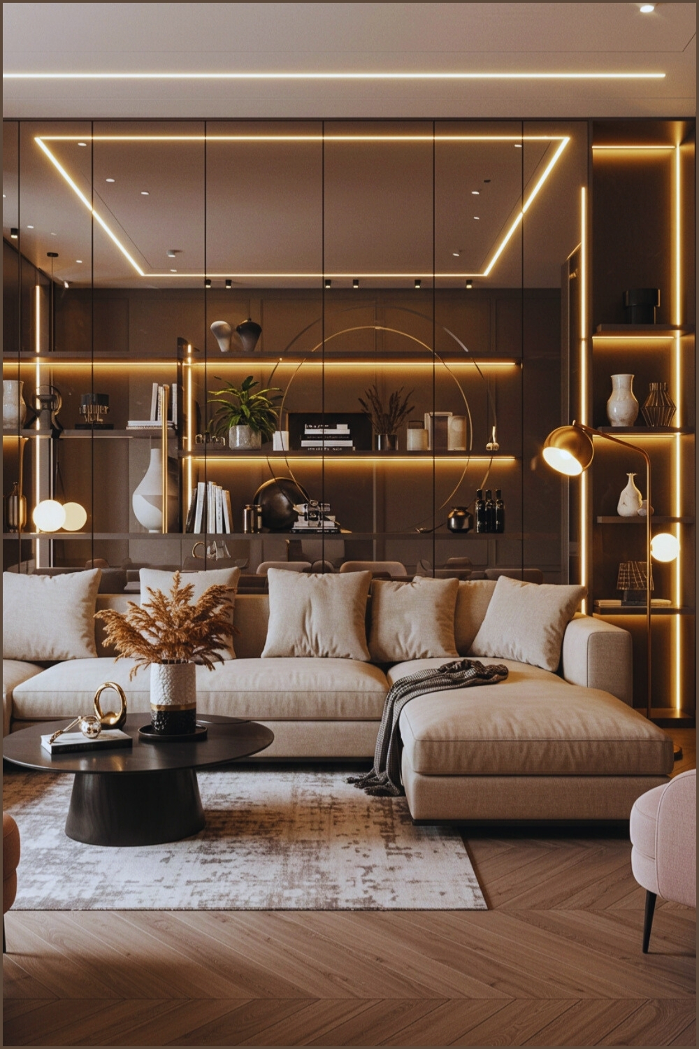 Luxurious Modern Living Room Mirrored Panels