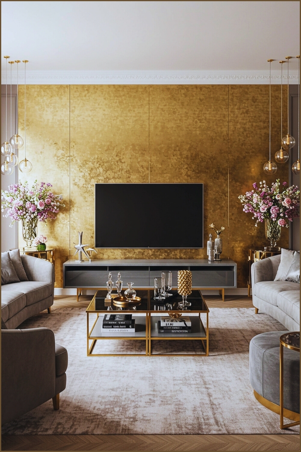Luxurious Modern Living Room With Gold Accent Wall Behind