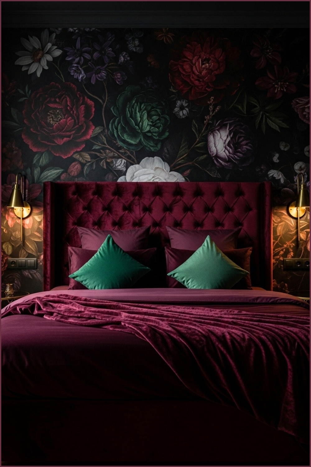 Luxurious Romantic Bedroom Featuring Deep Burgundy Velvet Bedding