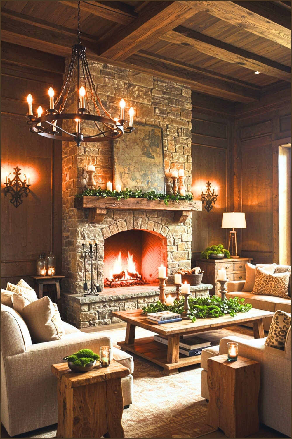 Luxurious Rustic Living Room Stone Fireplace