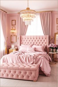 Luxury Bedroom Design, Blush Pink Walls, Tufted Velvet Bed With Satin Bedding
