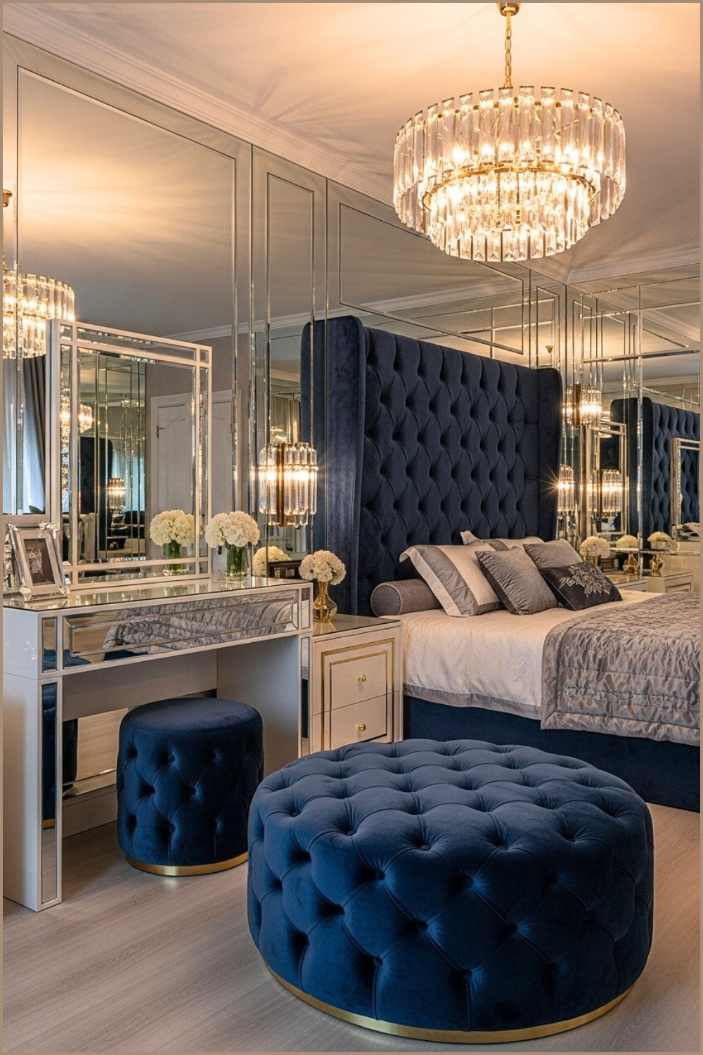 Luxury Bedroom Design, Glamorous Vanity, Mirrored Walls