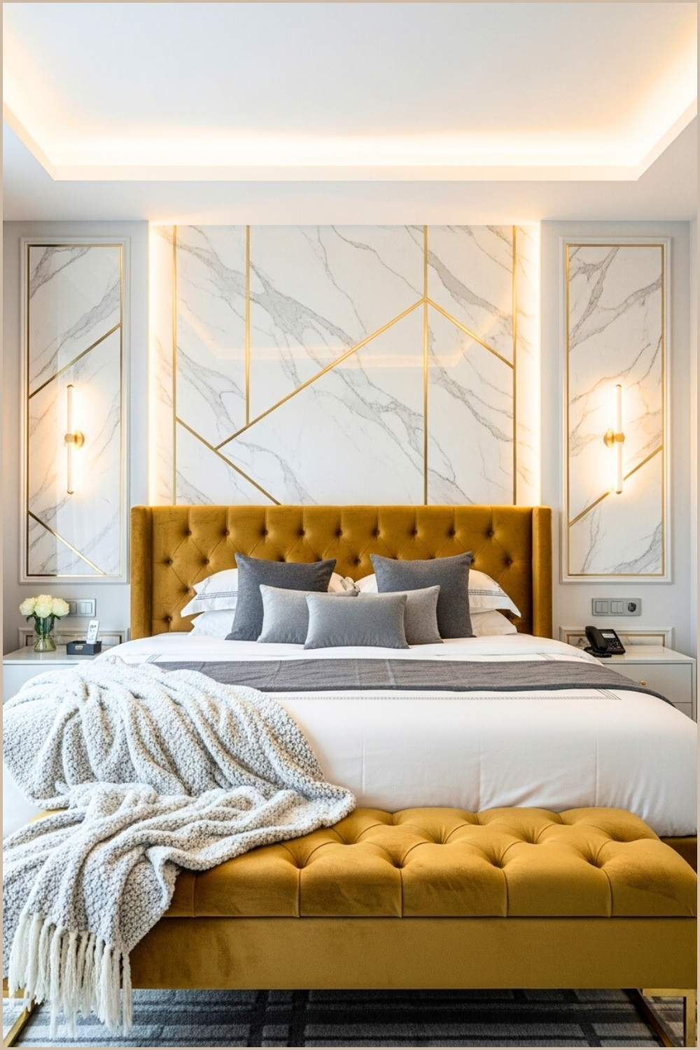 Luxury Bedroom Featuring Marble Accent Wall With Gold Trim