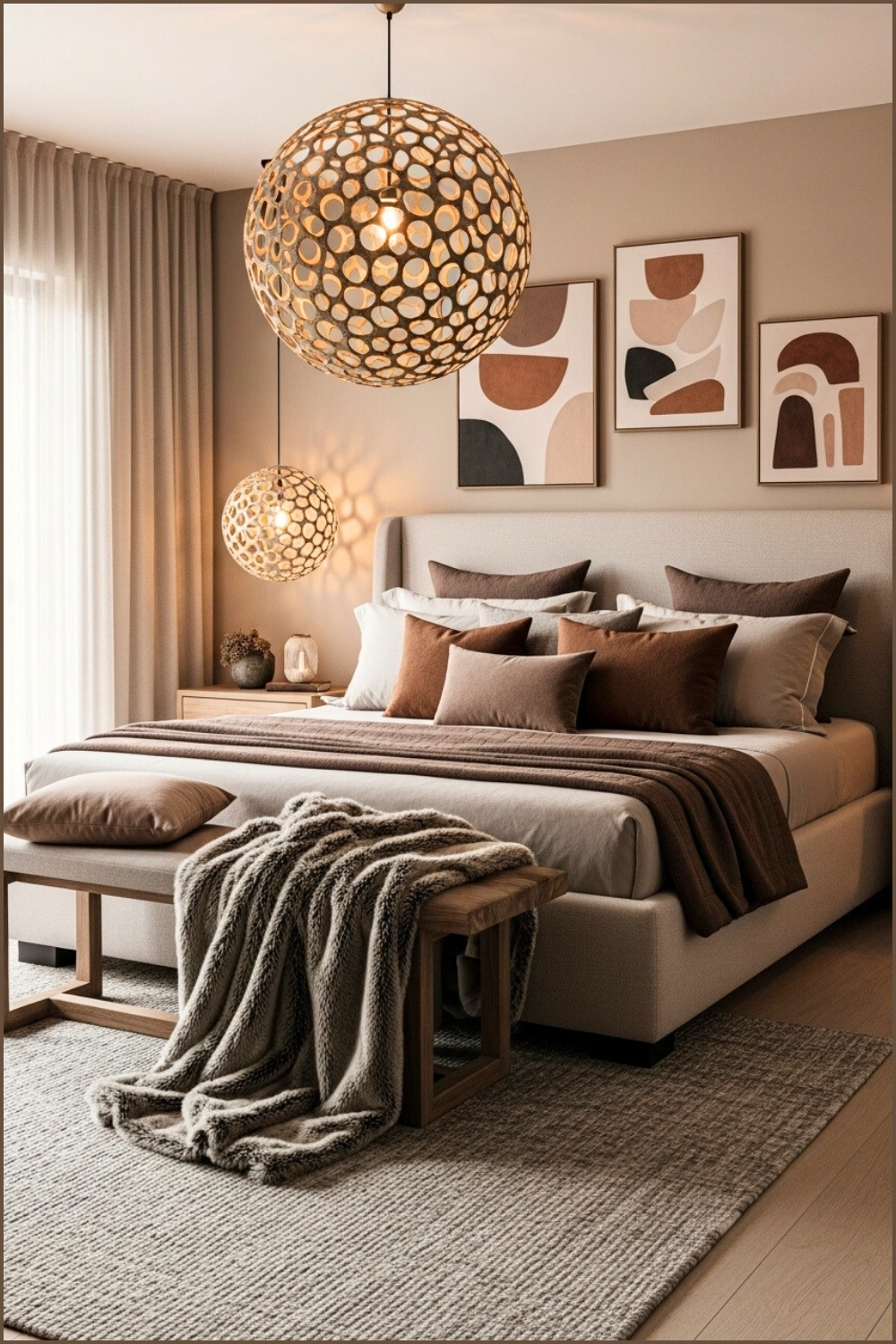 Luxury Bedroom In Earthy Tones, Soft Beige Upholstered Bed, Layered Brown Pillows