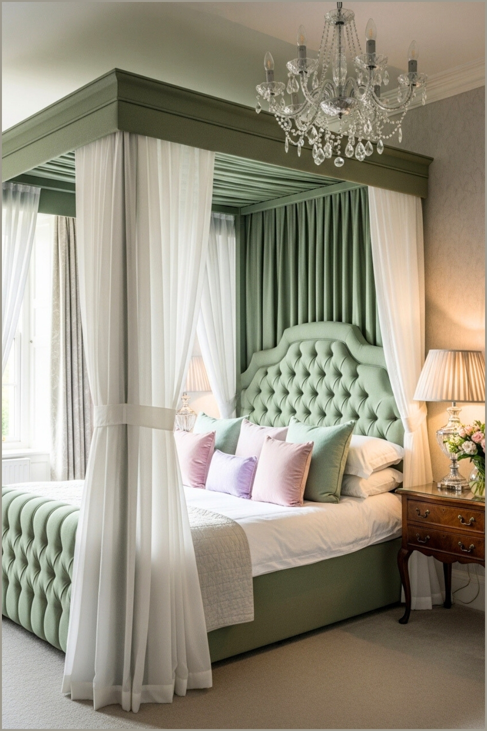 Luxury Bedroom Interior, Sage Green Canopy Bed With Tufted Velvet Headboard