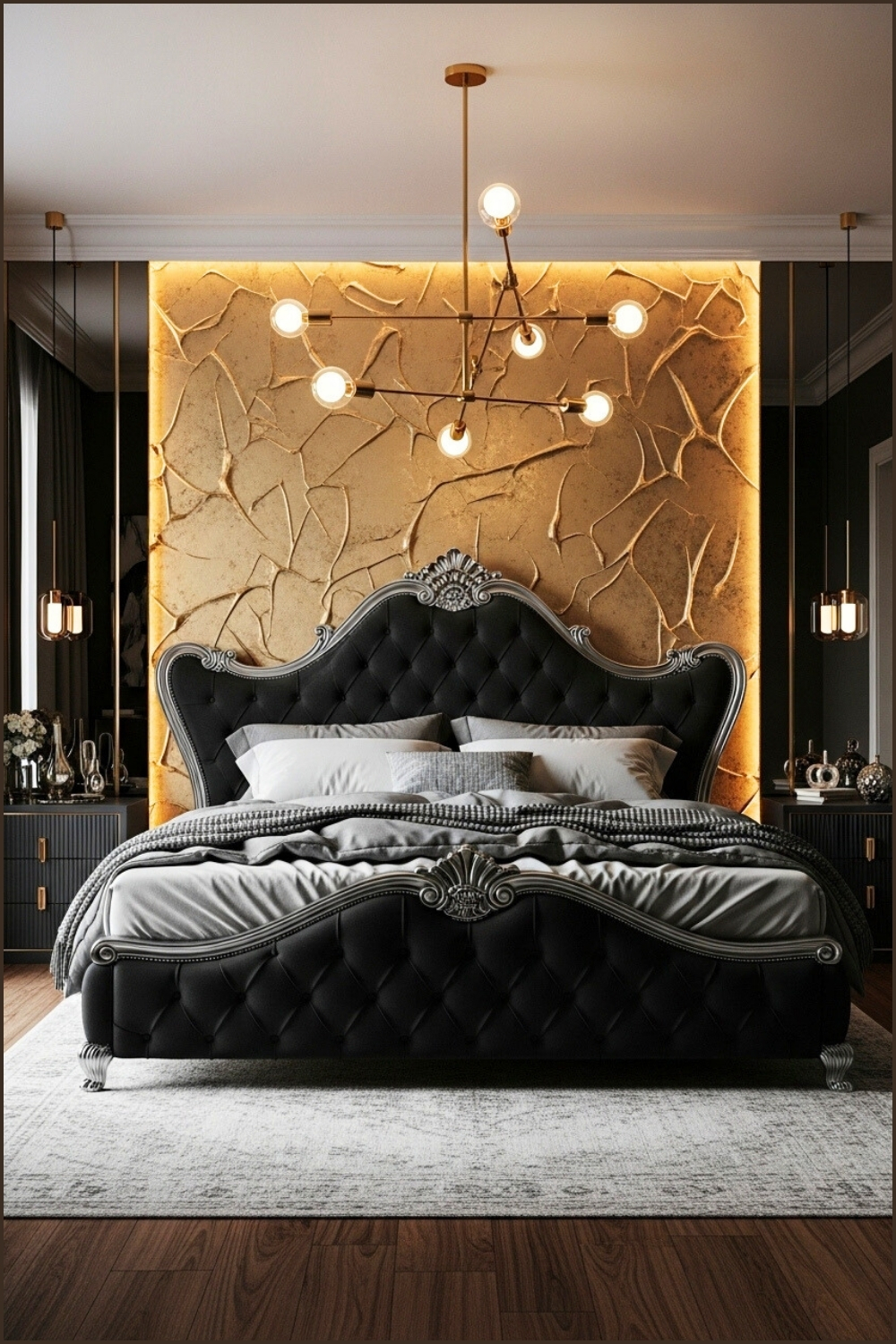 Luxury Bedroom With Black Tufted Bed, Gray And Silver Bedding