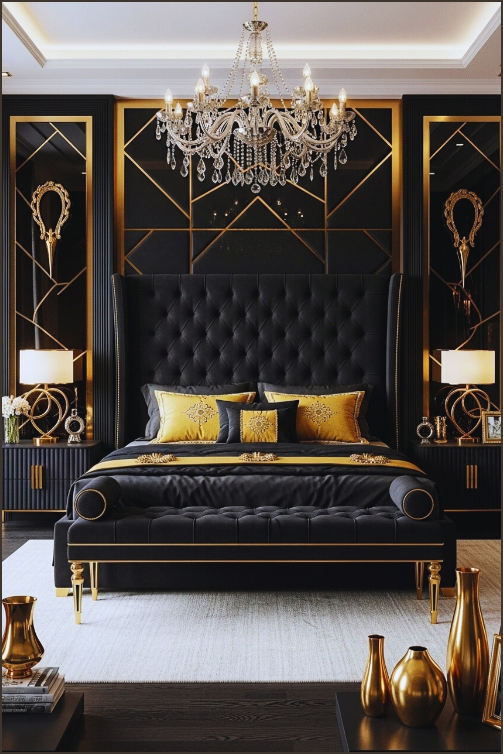 Luxury Bedroom With Black Velvet Headboard Gold Accent Pillows