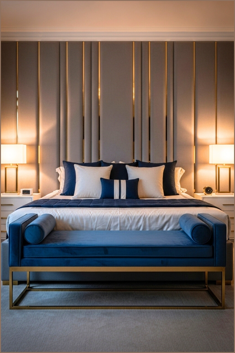 Luxury Bedroom With Custom Oversized Tufted Gray Headboard Panels