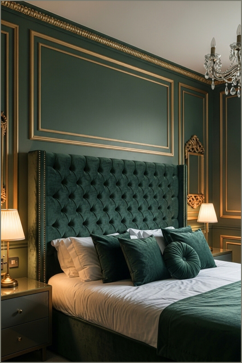 Luxury Bedroom With Dark Green Paneled Walls, Tufted Velvet Headboard