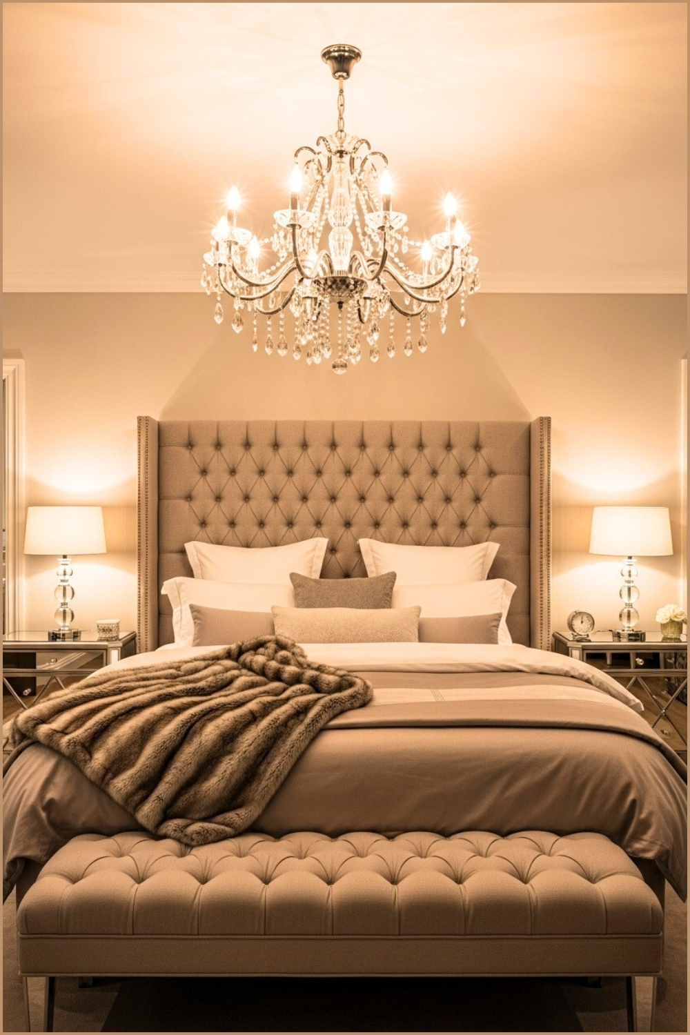 Luxury Bedroom With Large Crystal Chandelier, Tufted Beige Headboard