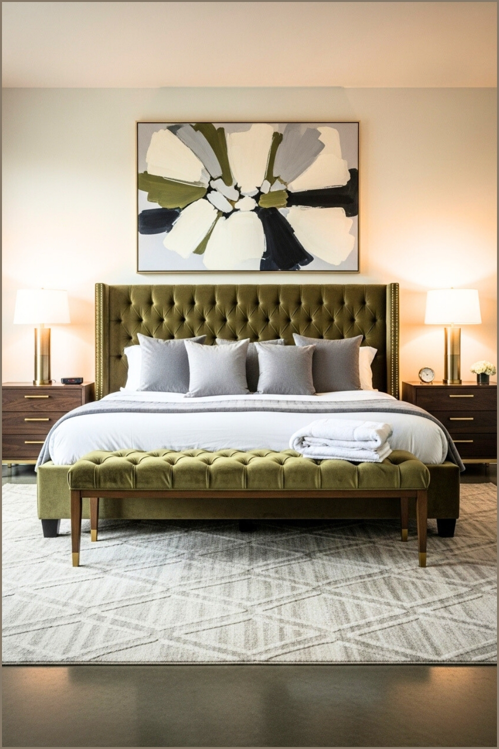 Luxury Bedroom With Large Modern Abstract Wall Art, Tufted Olive Velvet Bed