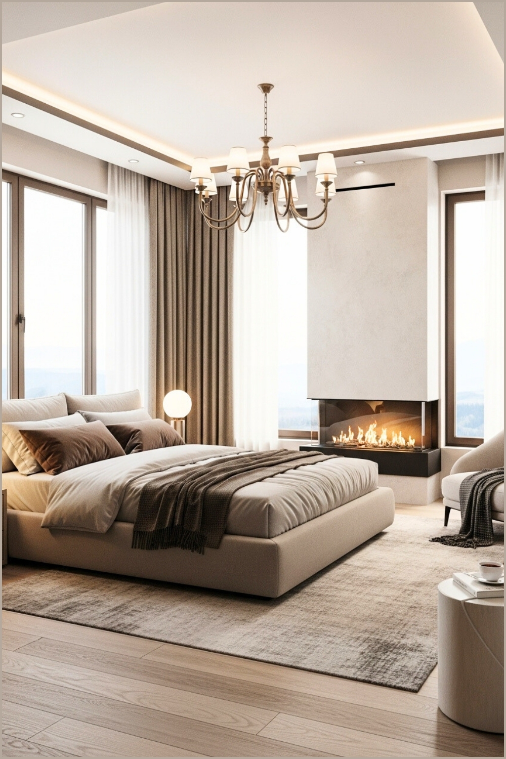 Luxury Bedroom With Modern Fireplace, Warm Flames Built Into Wall