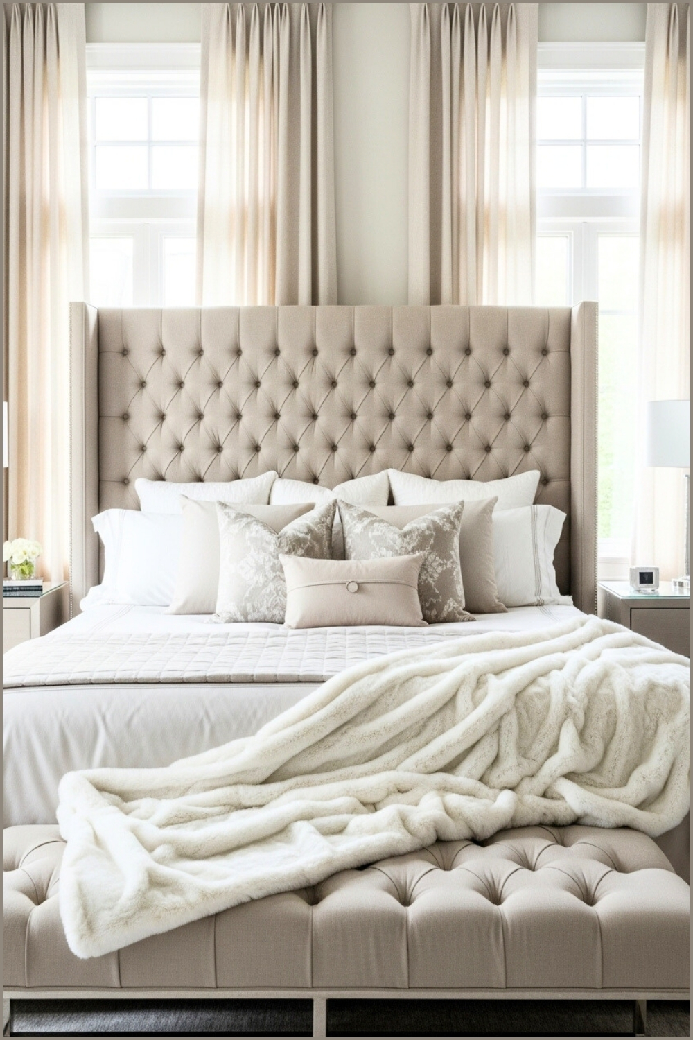 Luxury Bedroom With Tall Tufted Beige Headboard, Soft Neutral Bedding