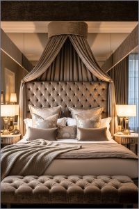 Luxury Bedroom With Tall Tufted Velvet Headboard And Canopy, Plush Bedding