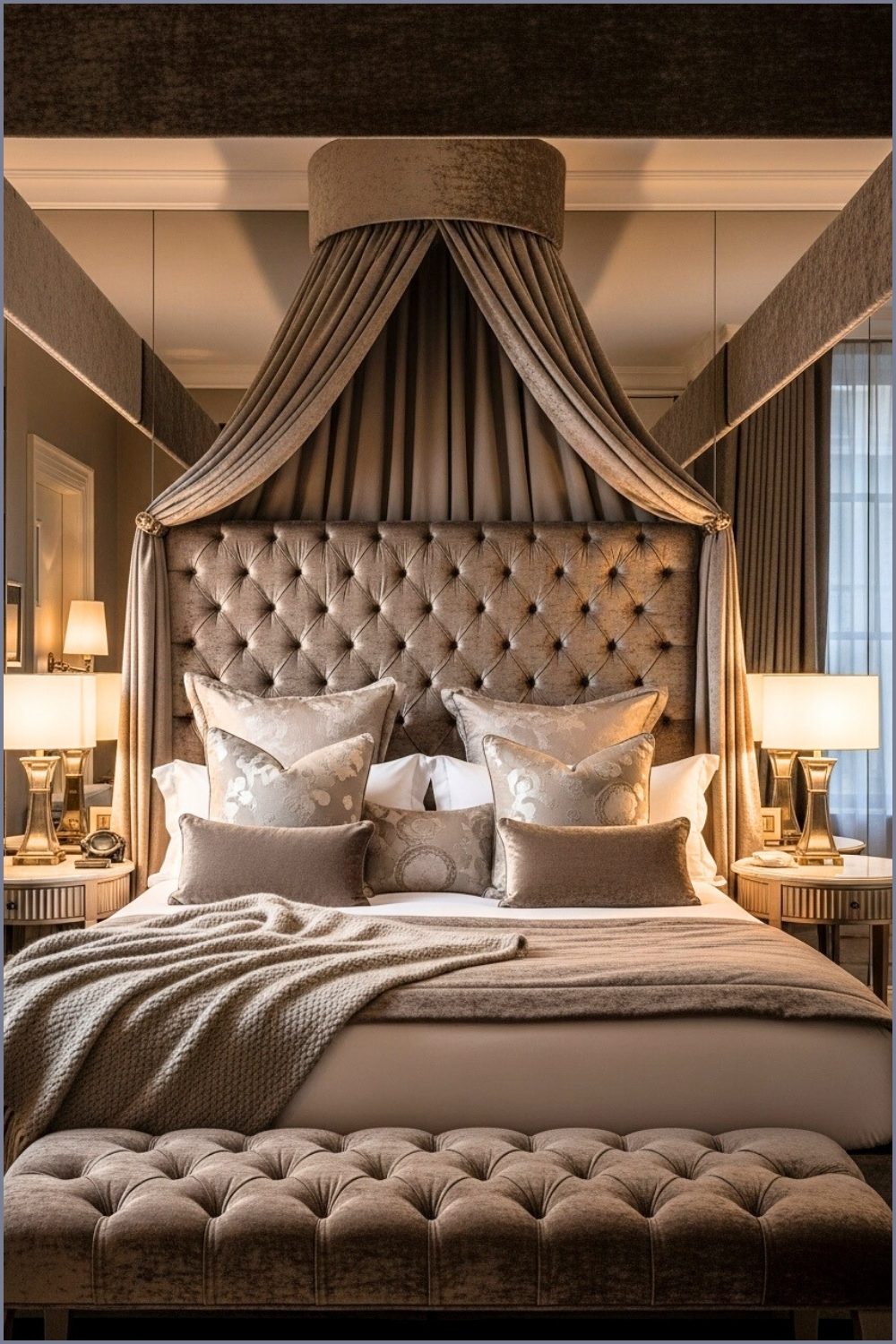 Luxury Bedroom With Tall Tufted Velvet Headboard And Canopy, Plush Bedding
