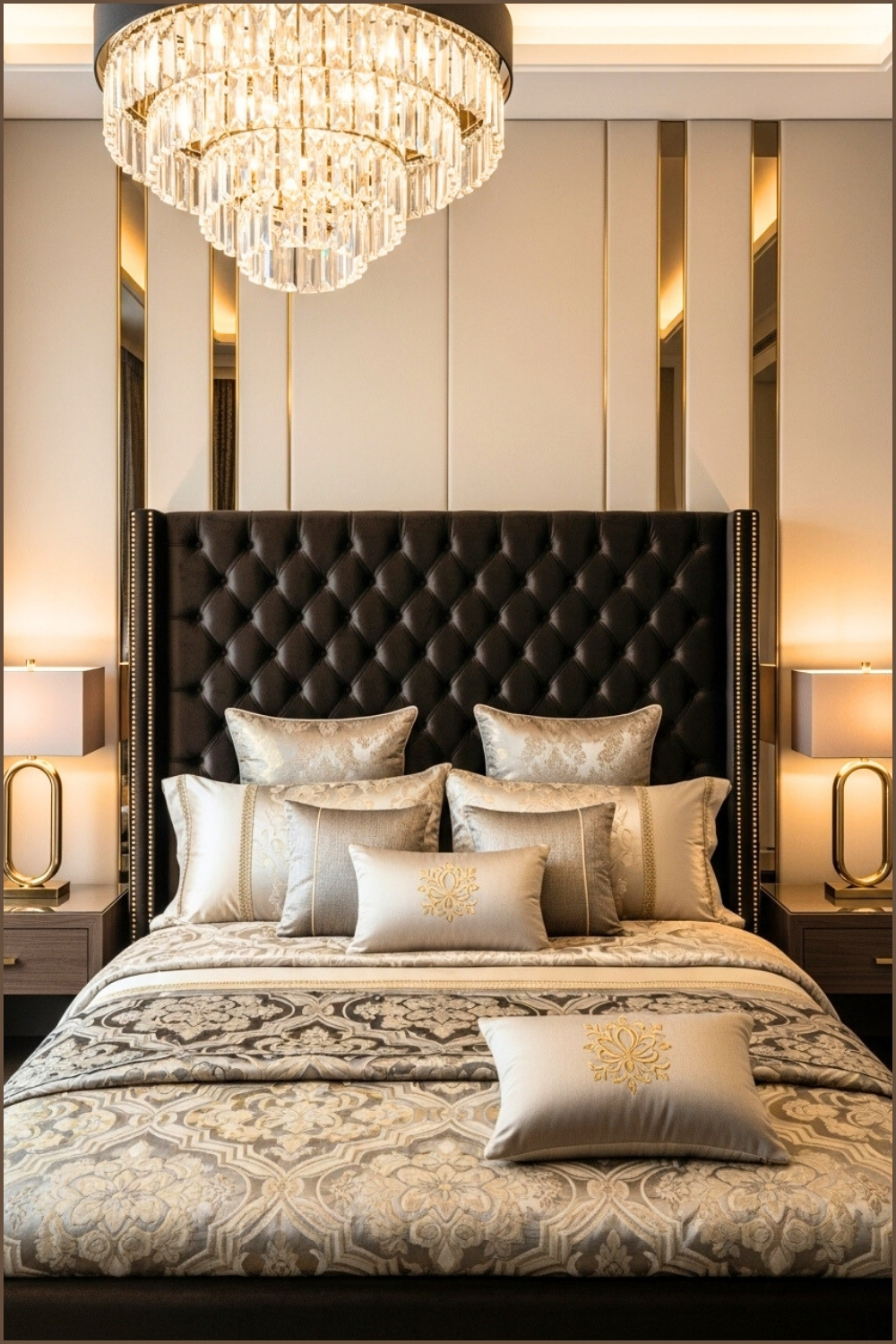 Luxury Bedroom With Tufted Headboard, Gold-accented Patterned Bedding