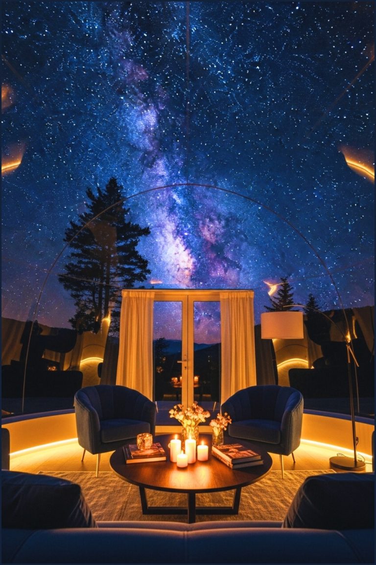 Luxury Glass Dome Living Room Under Breathtaking Starry Night Sky