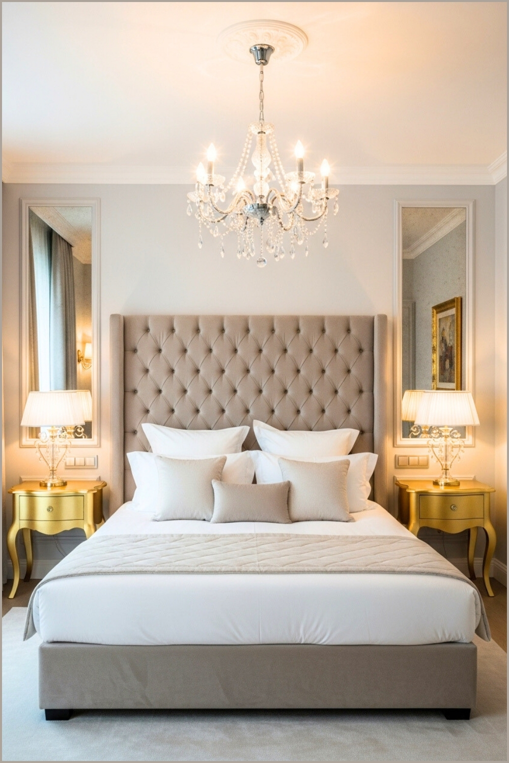 Luxury Hotel-style Bedroom, Beige Tufted Headboard, Gold Accents