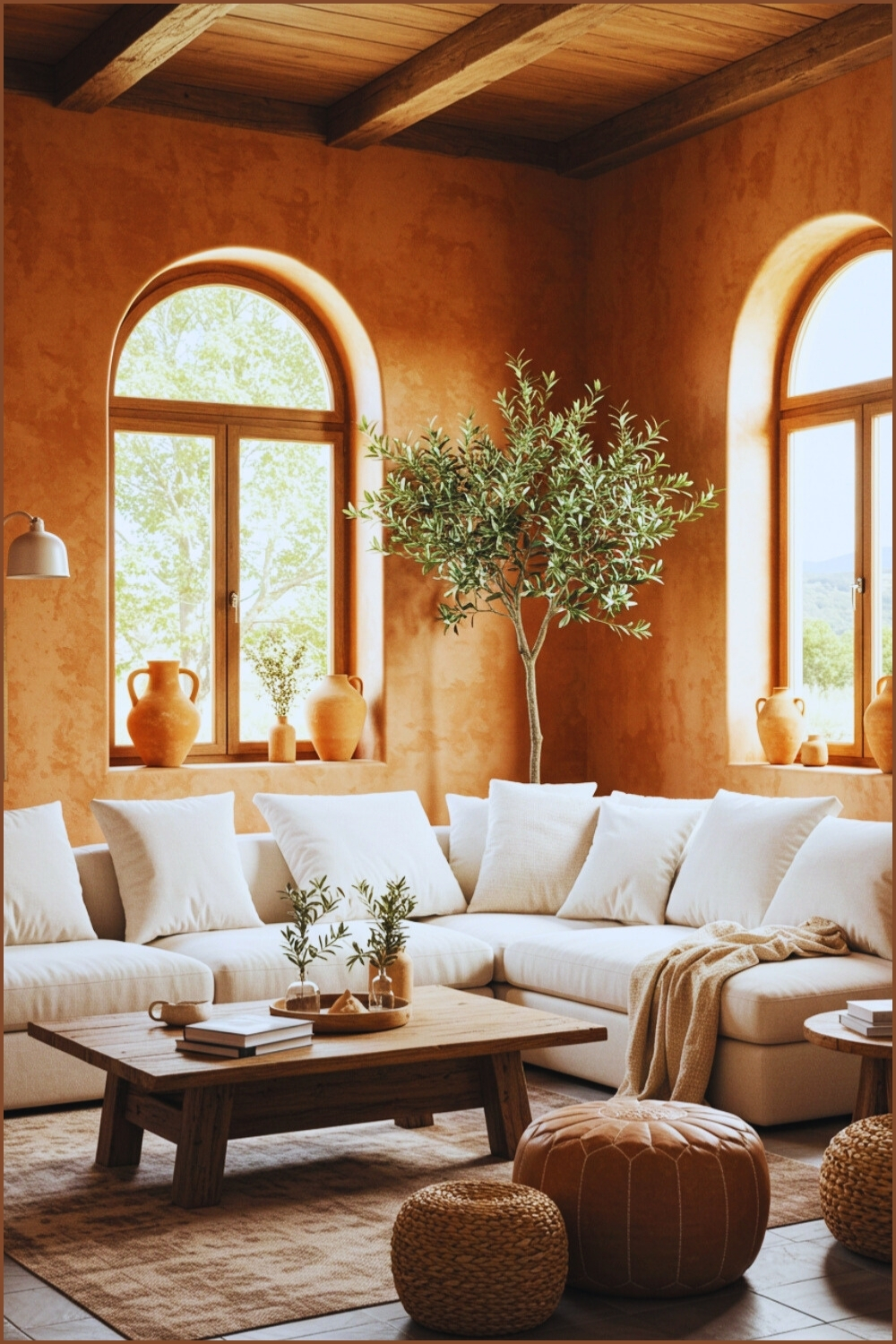 Mediterranean Bohemian Living Room Terracotta Walls
