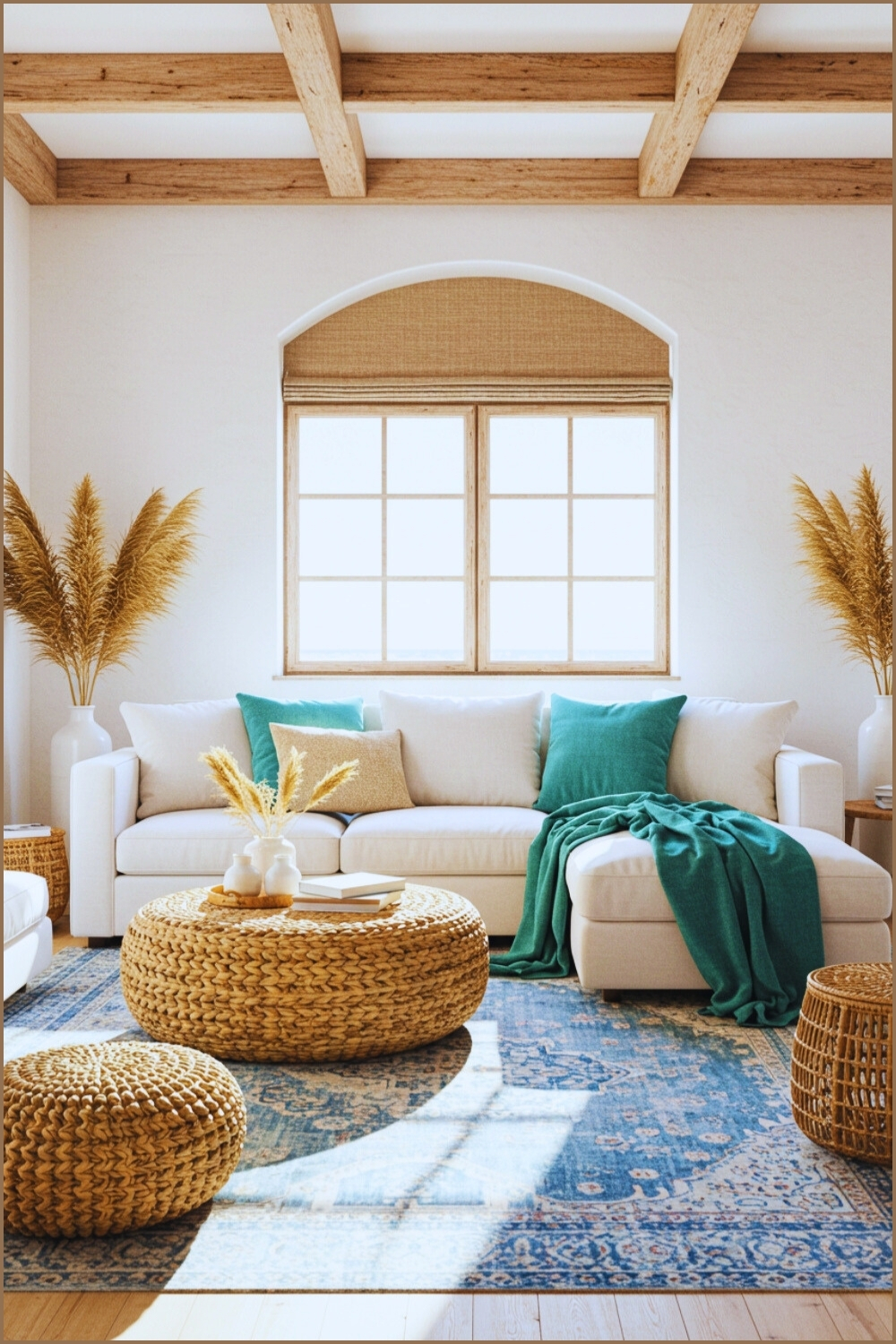 Mediterranean Boho Coastal Living Room White Walls