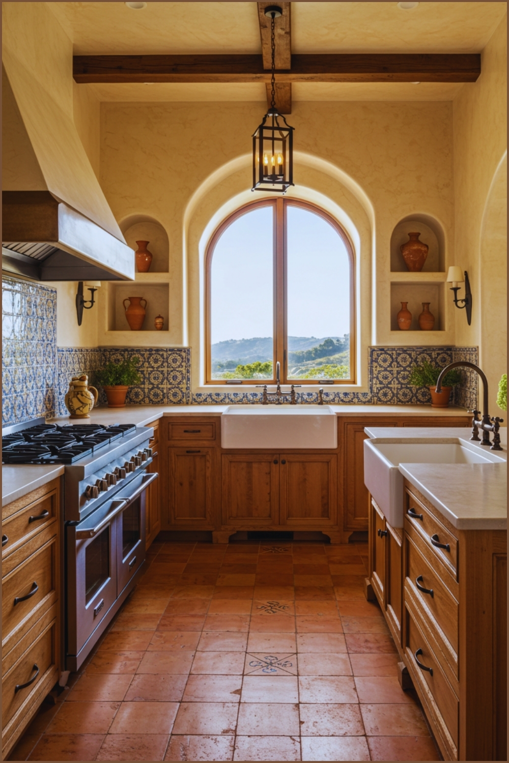 Mediterranean Kitchen With Arched Plaster Ceiling