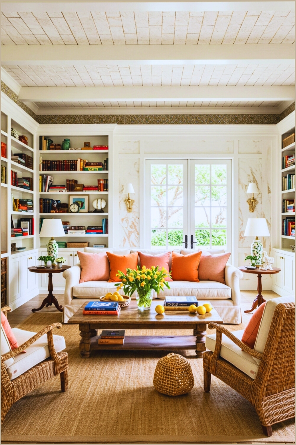 Mediterranean Living Room Whitewashed Brick Ceiling