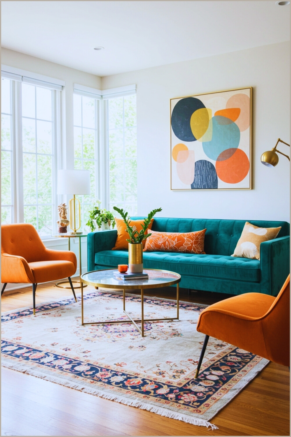 Mid Century Modern Living Room Teal Velvet Sofa