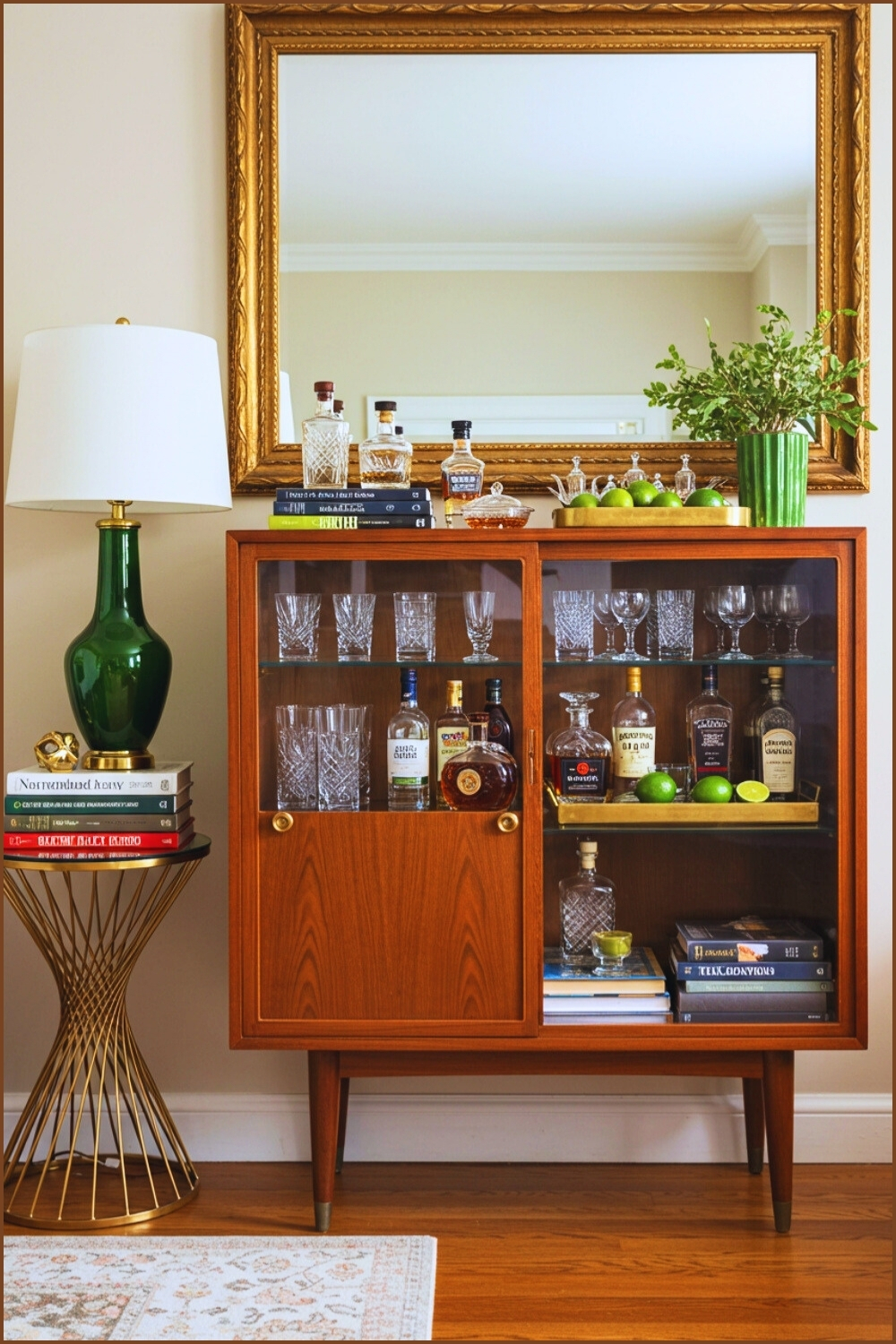 Mid-century Bar Cabinet Glass Doors And Glassware