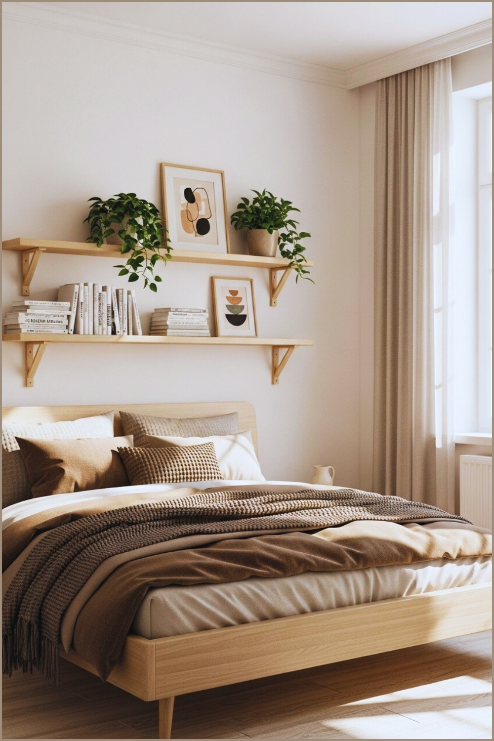 Minimal Cozy Bedroom With Floating Wooden Wall Shelves Potted Plants