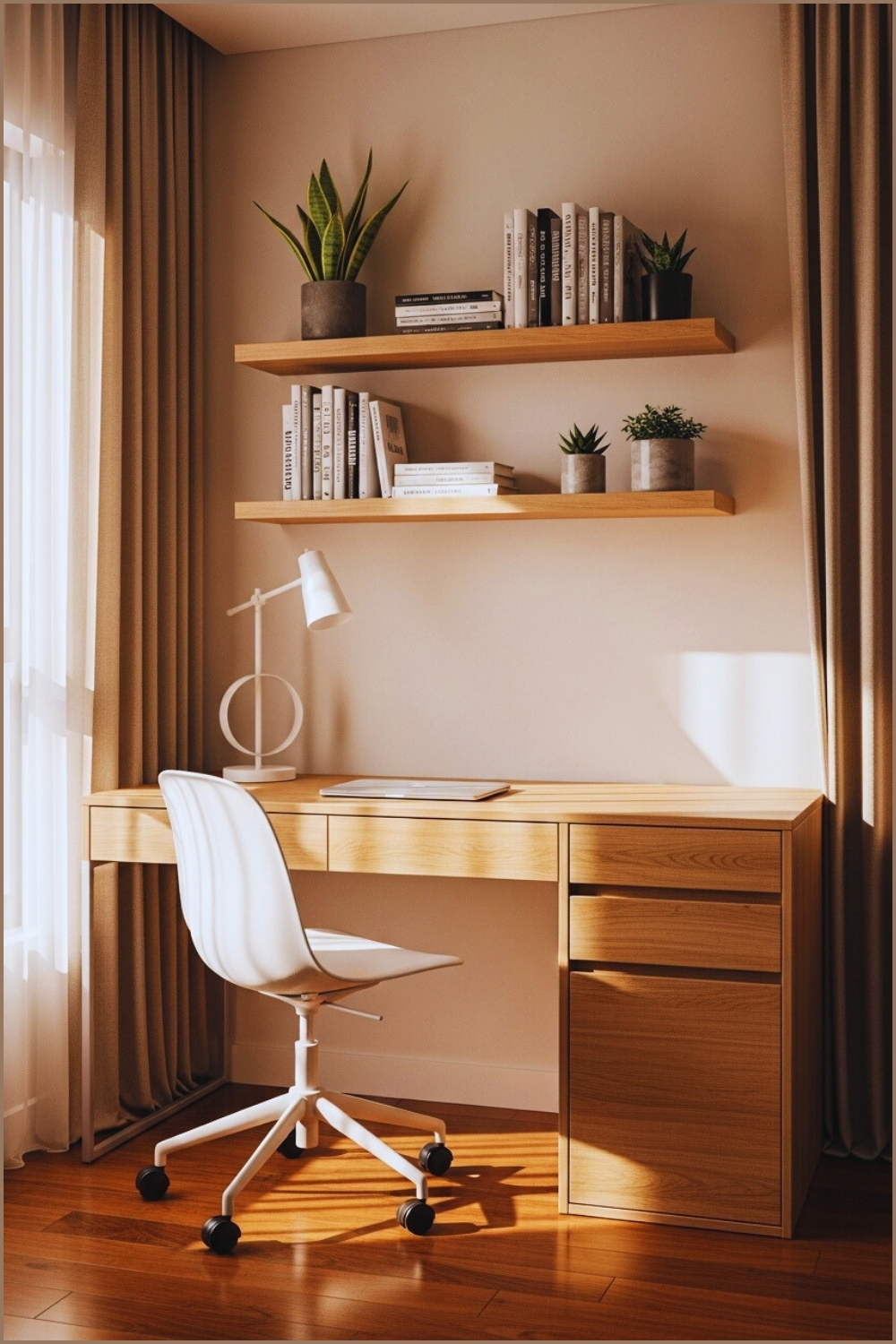 Minimal Cozy Home Office Setup With Wooden Desk And Drawers