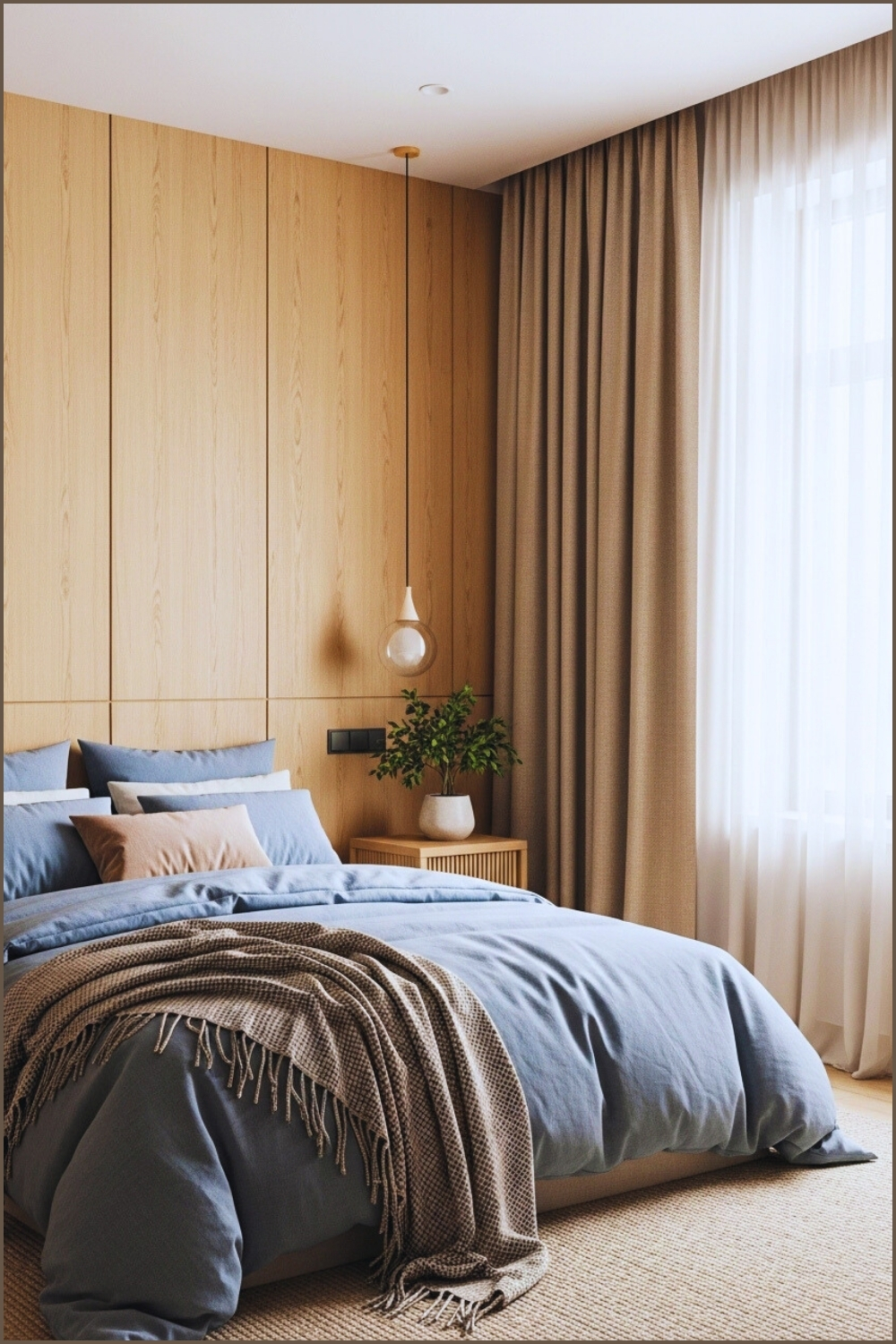 Minimal Scandinavian Bedroom With Light Wood Wall Panels Soft Beige Curtains