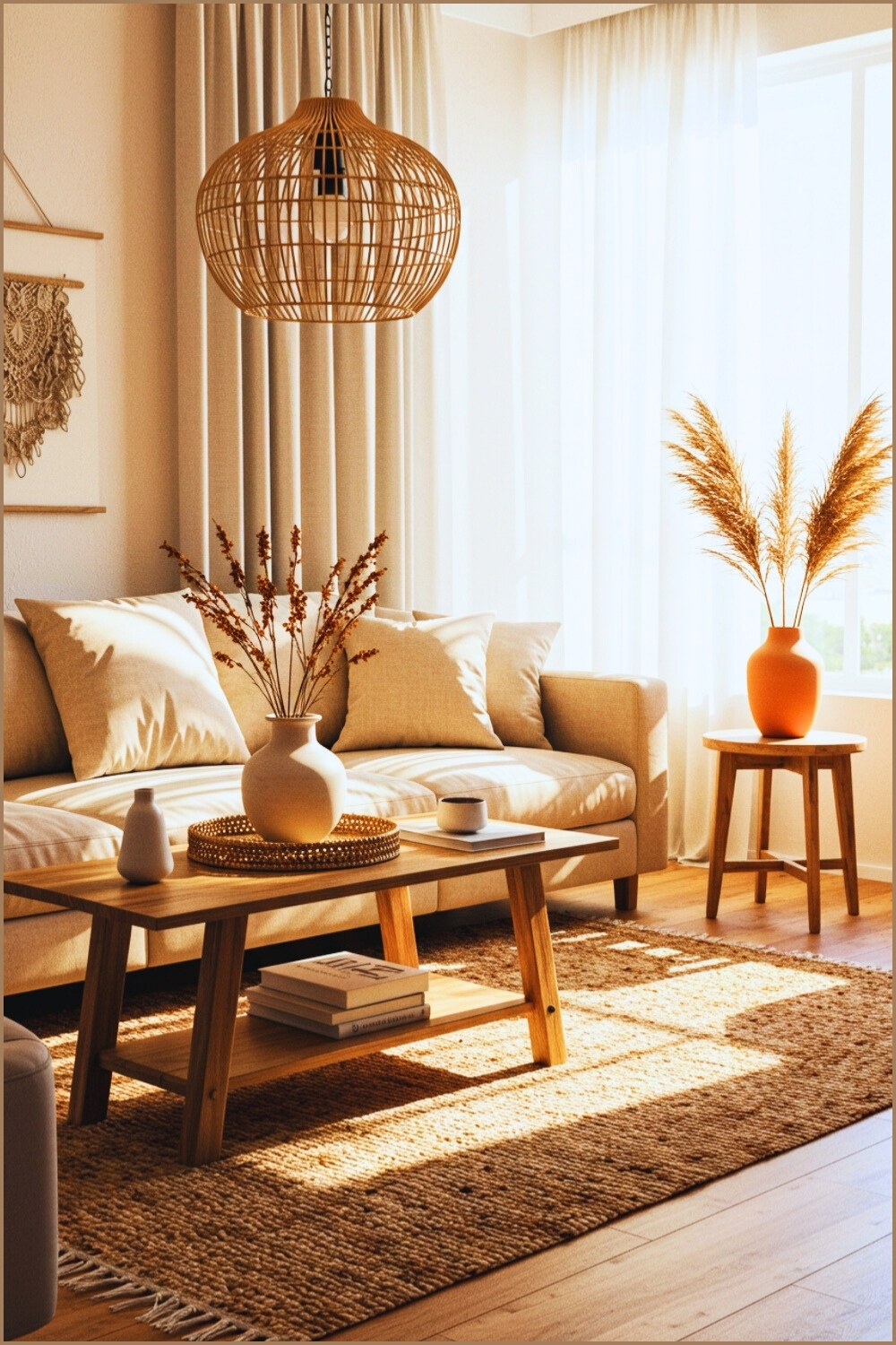 Minimalist Boho Living Room Beige Sofa And Soft Cushions