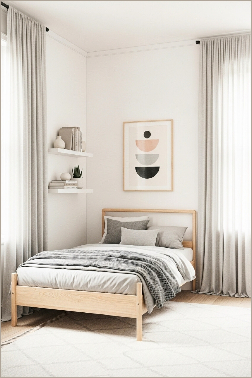 Minimalist Boys Bedroom With White Walls, Natural Wooden Bed, Neutral Bedding In Gray Tones