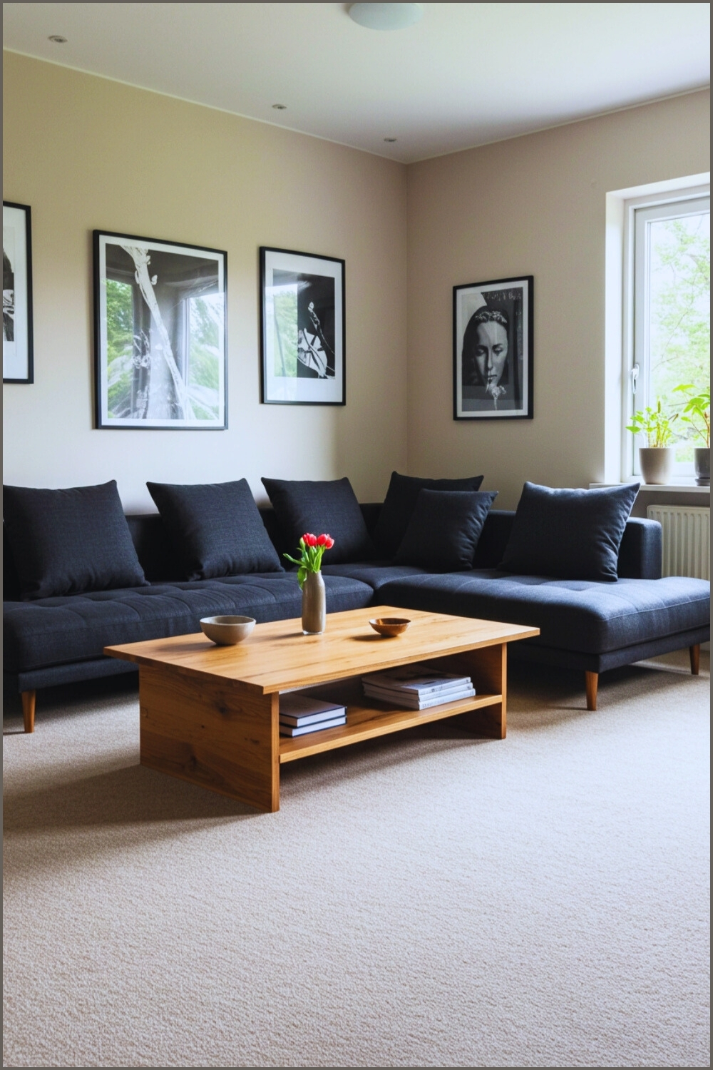 Minimalist Cozy Modern Living Room Black Sectional Sofa