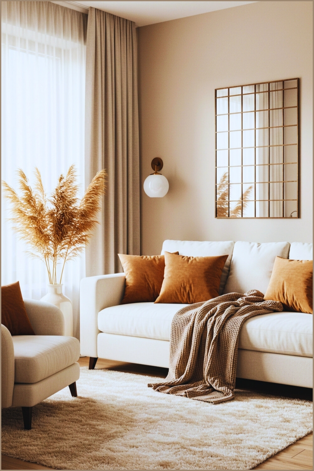 Minimalist Living Room White Armchair And Brown Velvet Pillows