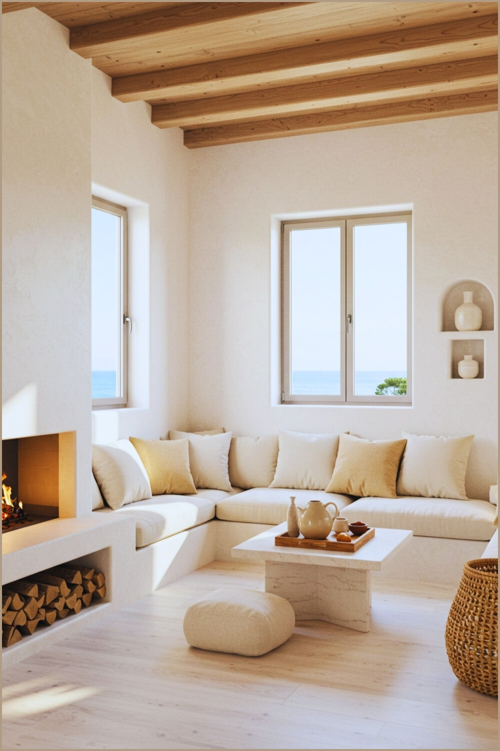 Minimalist Mediterranean Living Room With Built White Sofa