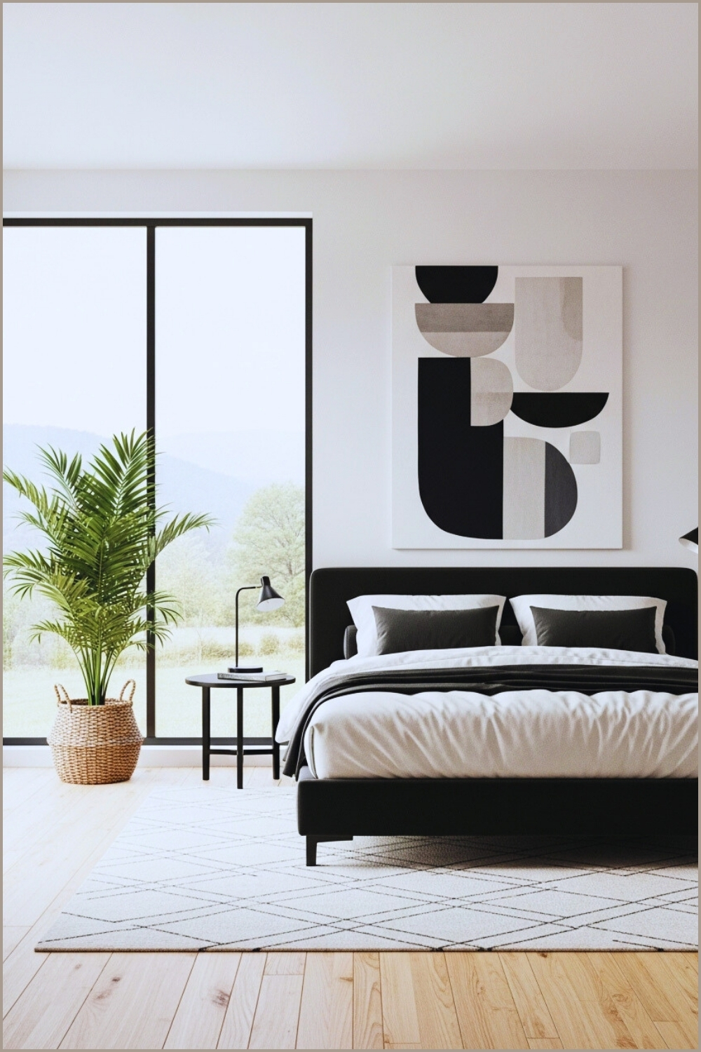 Minimalist Modern Bedroom With Large Window White Walls Black Upholstered Bed