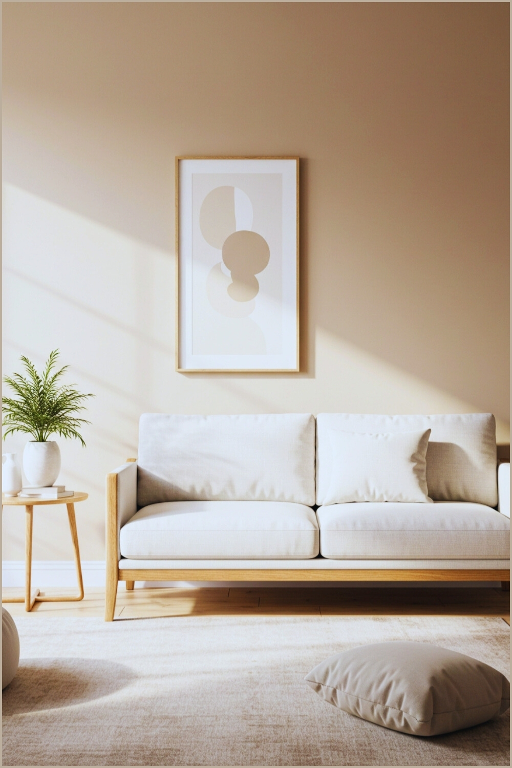 Minimalist Modern Living Room Beige Walls And White Sofa