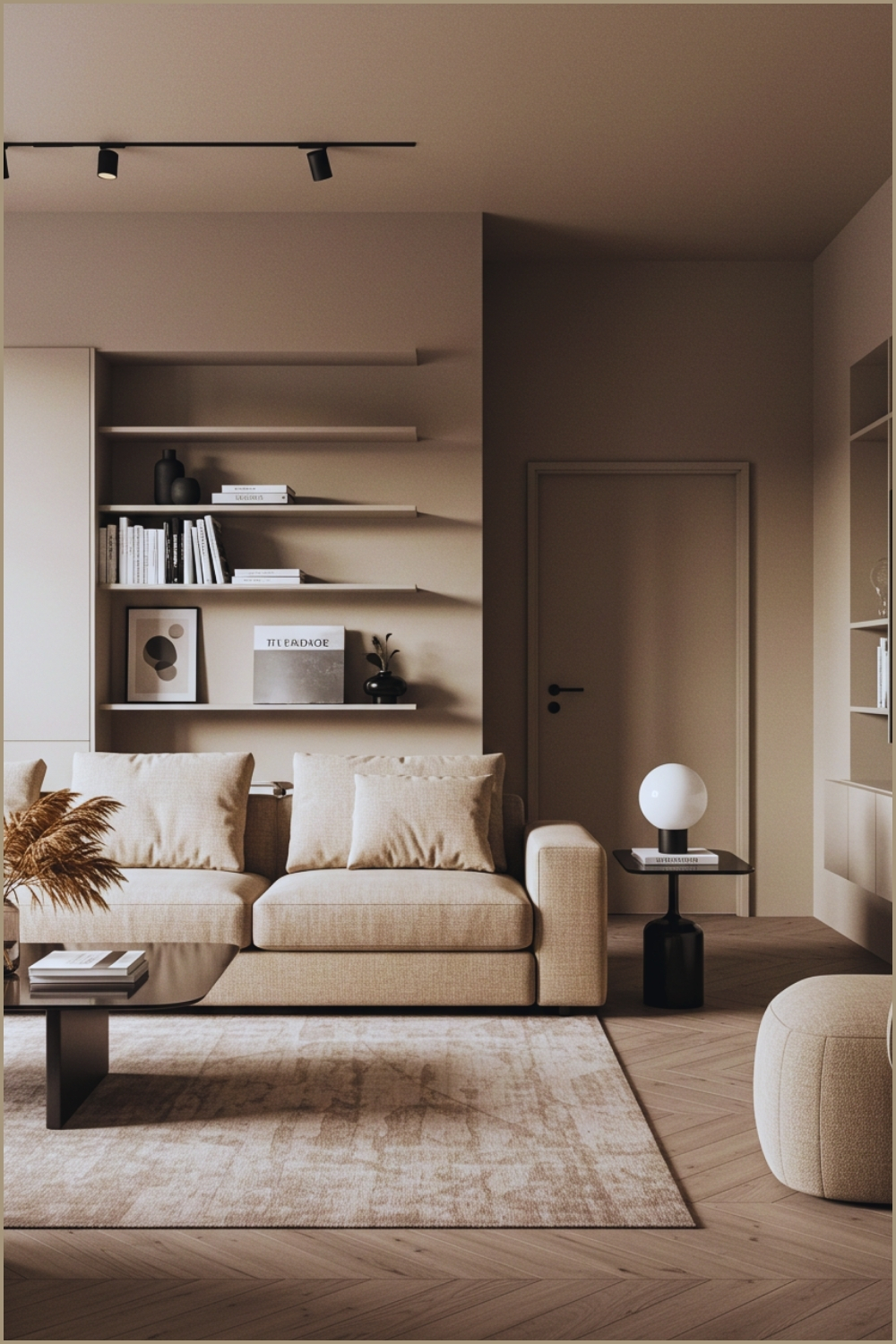 Minimalist Neutral-toned Living Room With Beige Fabric Sofa