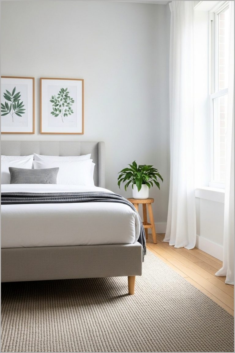 Minimalist Scandinavian Bedroom, Soft Neutral Tones, Wooden Accents