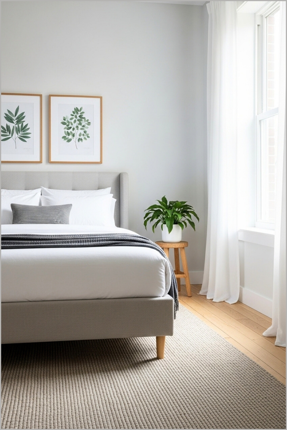 Minimalist Scandinavian Bedroom, Soft Neutral Tones, Wooden Accents
