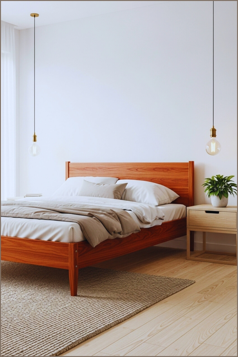 Minimalist Scandinavian Bedroom With Cherry Wood Bed, White Walls