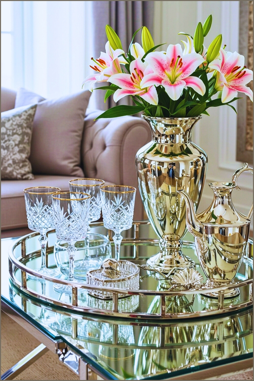 Mirrored Tray Display Crystal Glasses Silver Pieces