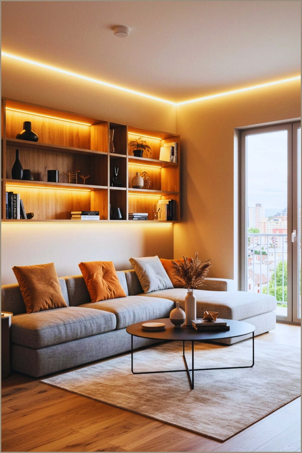 Modern Apartment Living Room Wooden Shelving And Led Lighting