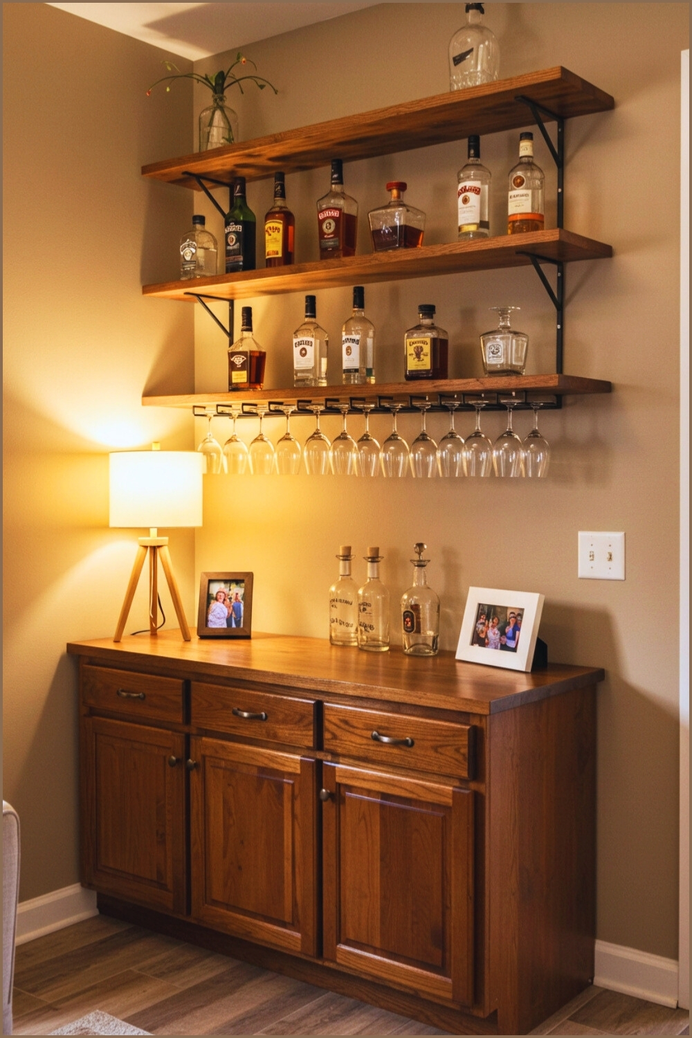 Modern Bar Corner Wood Cabinet And Floating Shelves